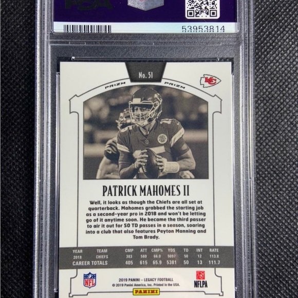2019 Panini Legacy Premium Silver Prizm #51 Patrick Mahomes PSA 9 MINT Pop 4 - Picture 3 of 3